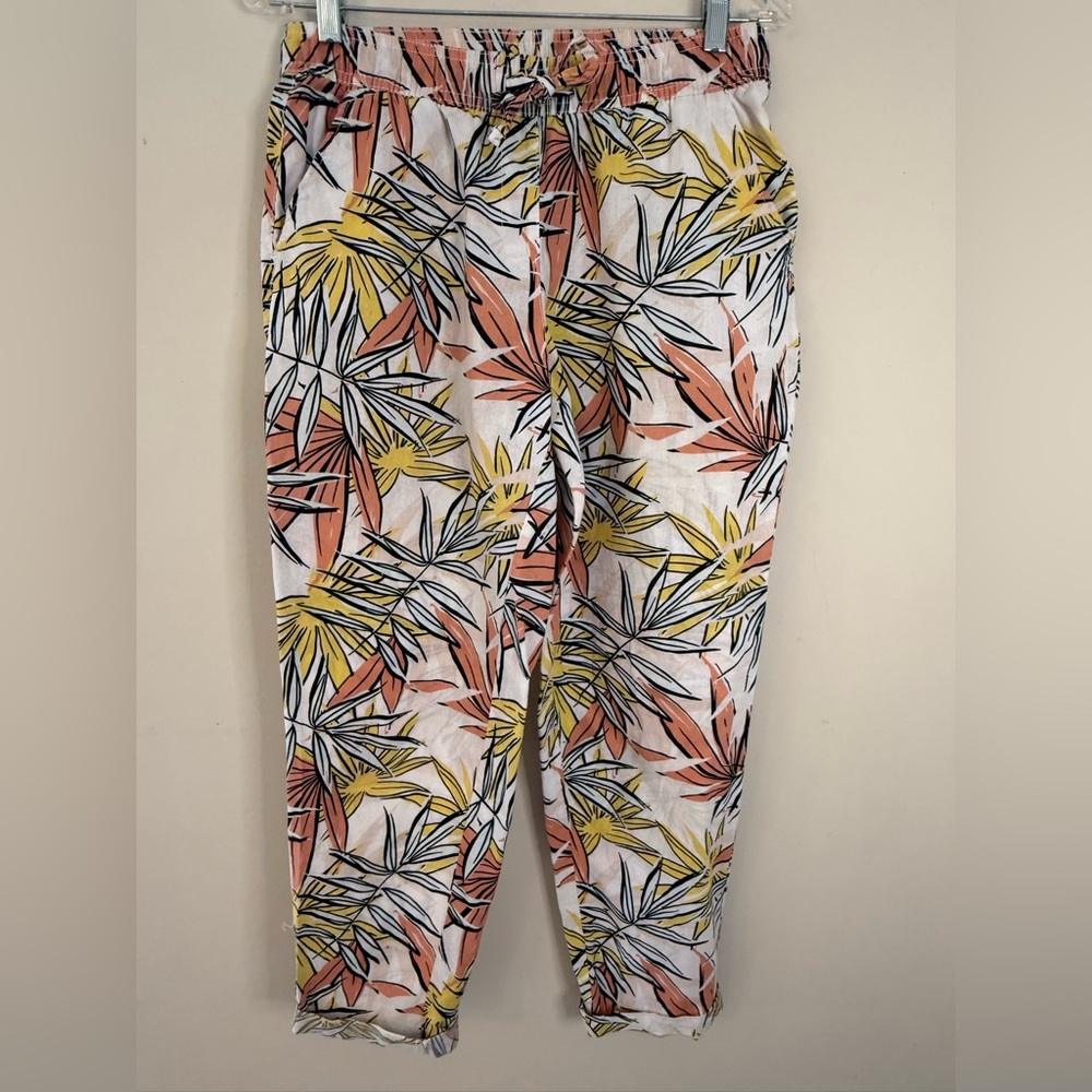Serra tropical floral cotton linen cropped pants SZ SM